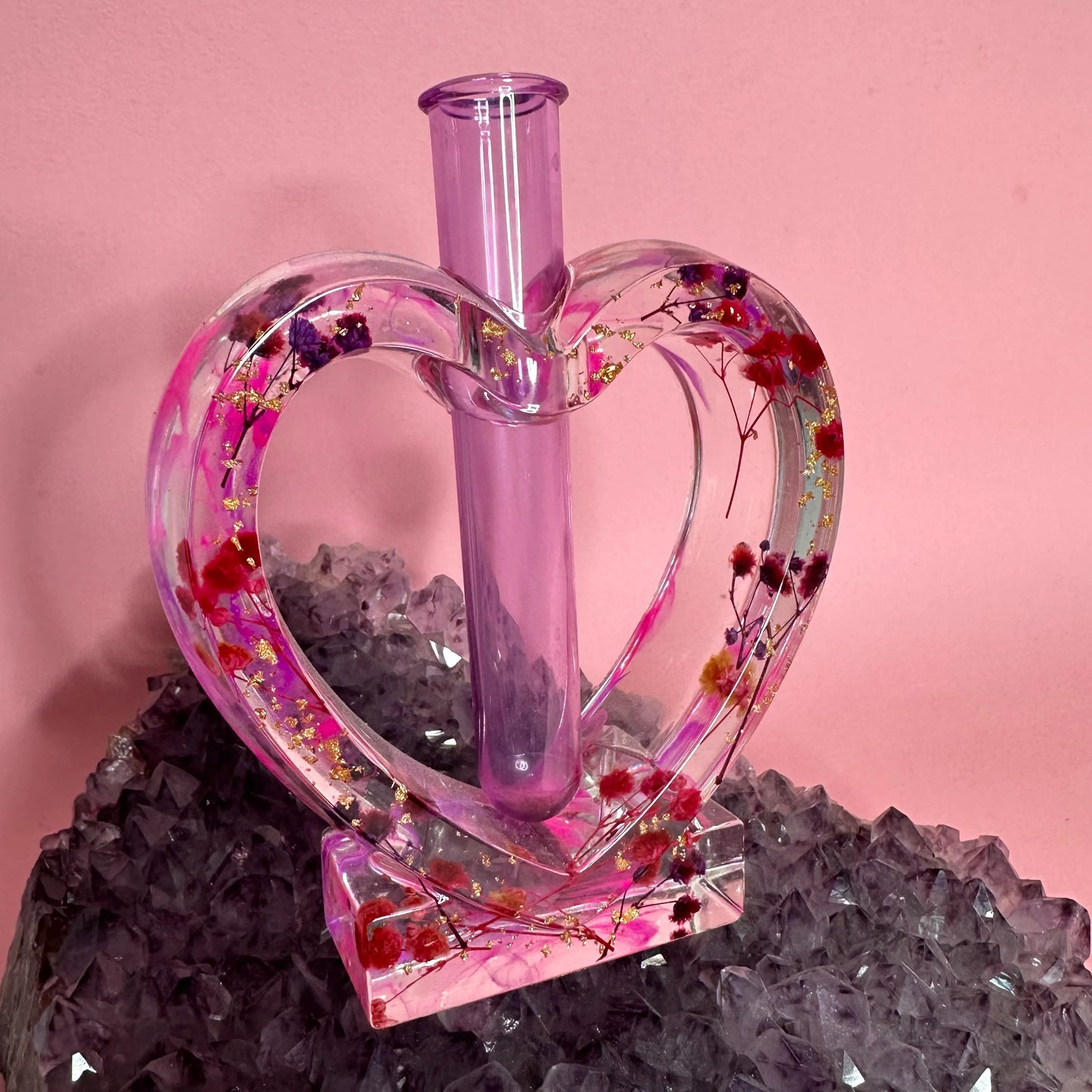 ✨ Vaso Monofiore Cuore Rosa E Viola Con Fiori Secchi